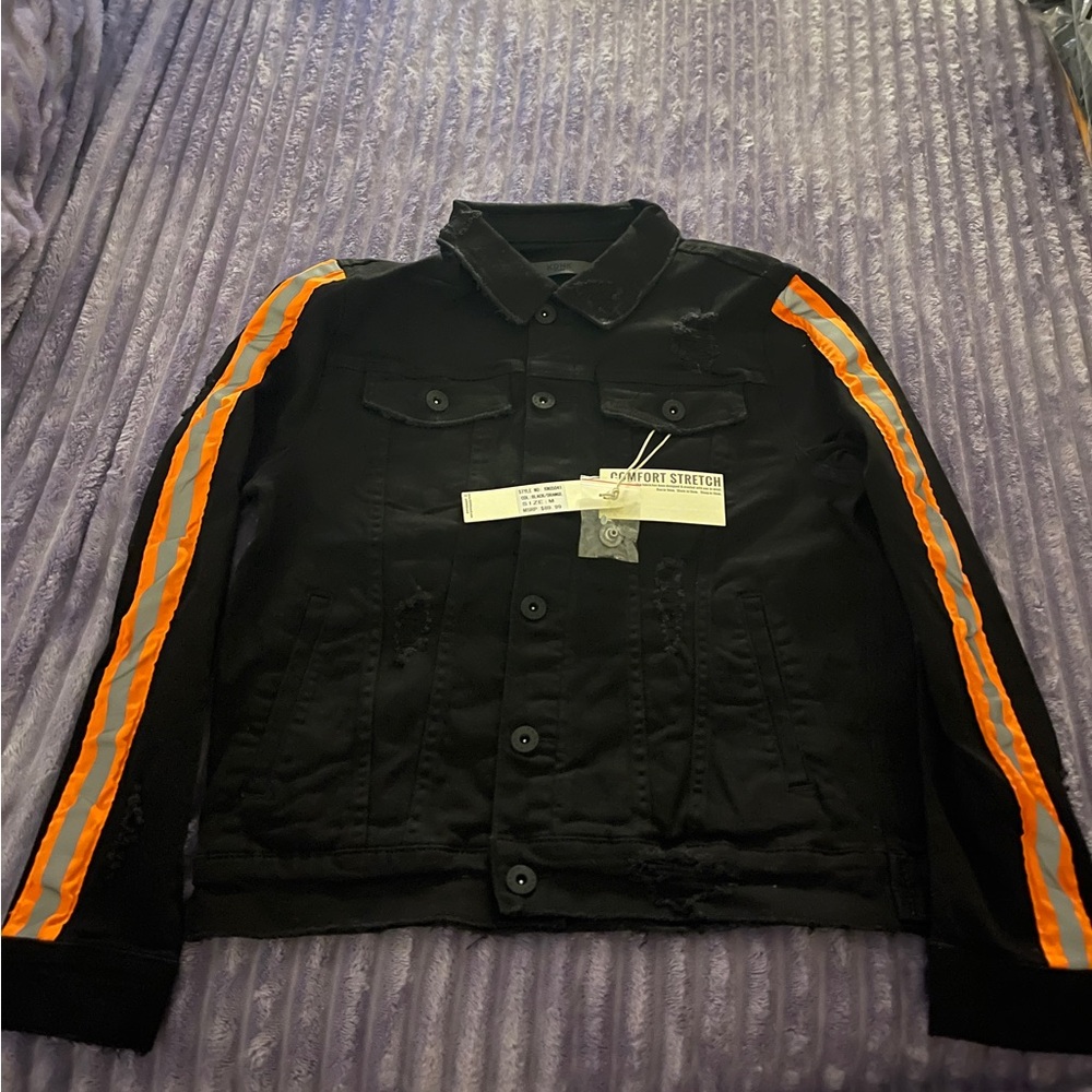 Men's Black Denim Jacket with Orange Accents